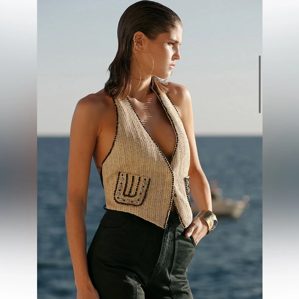 $300 Mes Demoiselles Paris Nathy Raffia Woven Halter Vest FR36 - Picture 6 of 11